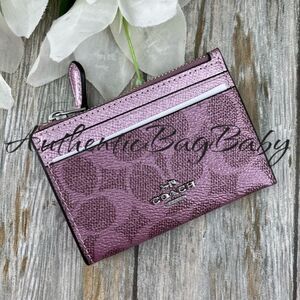 Coach Mini Skinny Keychain Id Case In Signature Canvas & Pink Metallic Wallet